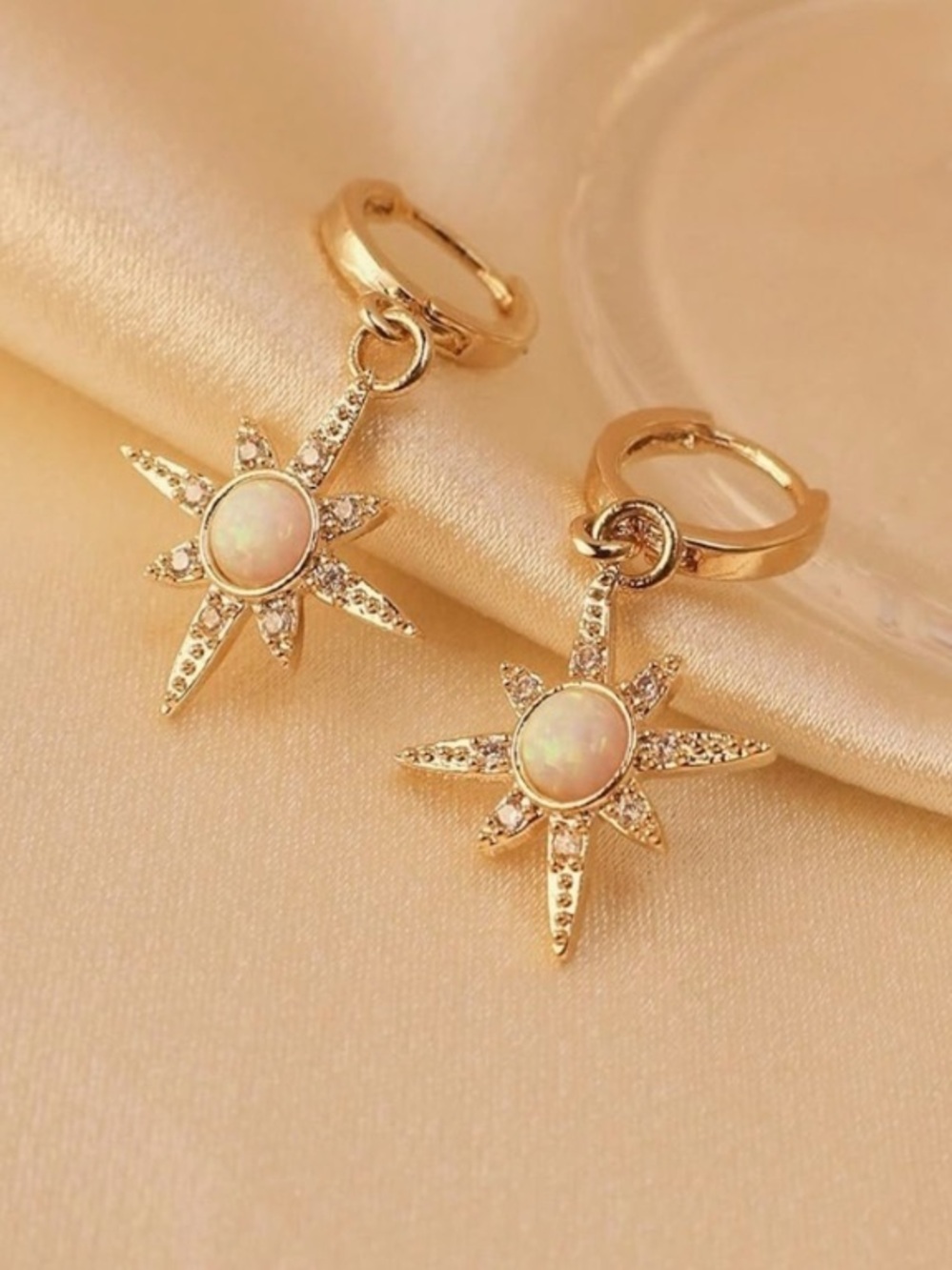 Gold Starburst Opal Drop Hoop Earrings